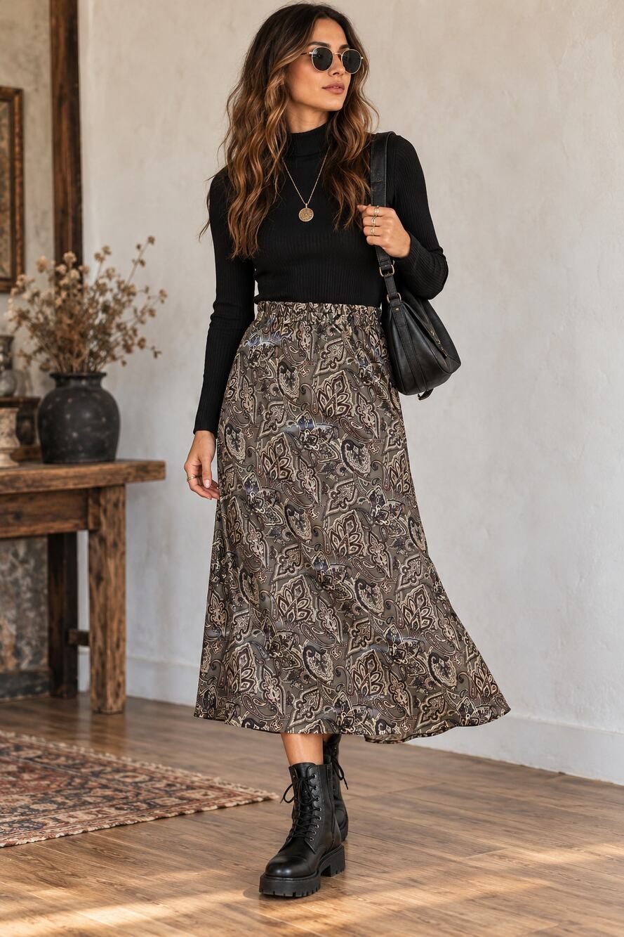 KOOS of Course 100% Silk Paisley Maxi Skirt Women's M Brown Boho Artsy 36"